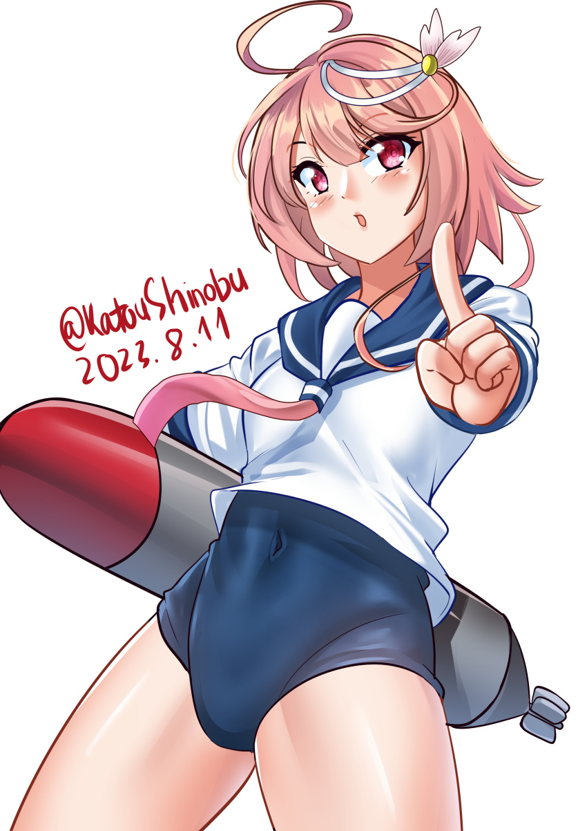 1girl absurdres ahoge blue_one-piece_swimsuit blue_sailor_collar cowboy_shot dated foreshortening hair_ornament highres i-58_(kancolle) index_finger_raised kantai_collection katou_shinobu one-hour_drawing_challenge one-piece_swimsuit pink_hair red_eyes sailor_collar school_swimsuit school_uniform serafuku shirt short_hair short_sleeves simple_background solo standing swimsuit swimsuit_under_clothes torpedo twitter_username white_background white_shirt