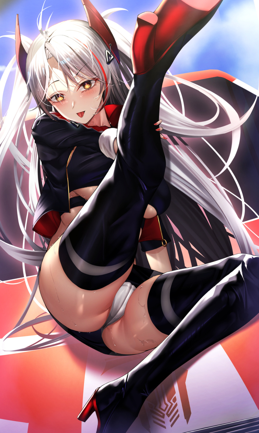 1girl antenna_hair ass azur_lane black_footwear black_jacket blush boots breasts cropped_jacket grey_hair headgear high_heel_boots high_heels highres iron_blood_(emblem) jacket large_breasts leg_up long_hair looking_at_viewer microskirt misa_pika multicolored_hair official_alternate_costume open_clothes open_jacket panties prinz_eugen_(azur_lane) prinz_eugen_(final_lap)_(azur_lane) race_queen red_hair sitting skirt solo streaked_hair sweat thigh_boots tongue tongue_out two-tone_hair underboob underwear very_long_hair white_hair white_panties yellow_eyes