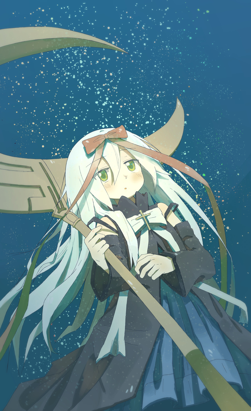 1girl absurdres black_coat blue_dress bow coat commentary cross_ornament detached_sleeves dress fukui green_eyes hair_between_eyes hair_ribbon highres holding holding_staff hoshizora_no_memoria long_hair mare_s._ephemeral open_mouth ribbon solo staff very_long_hair white_bow white_hair