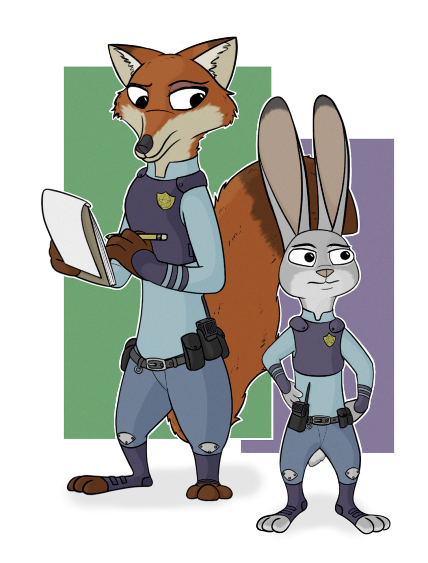 anothercolouranon anthro canid canine clothing crossgender disney duo female fox fur grey_body grey_fur hi_res judy_hopps lagomorph leporid male mammal nick_wilde notebook police_uniform rabbit red_body red_fur simple_background uniform zootopia