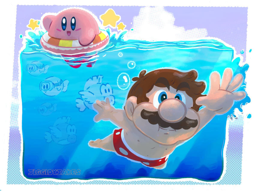 2boys air_bubble artist_name blue_eyes brown_hair bubble cheep_cheep commentary company_connection fish highres holding_breath innertube jiggidyjakes kirby kirby_(series) male_focus male_swimwear mario mario_(series) multiple_boys nintendo polka_dot polka_dot_shorts shorts star_(symbol) swim_trunks swimming