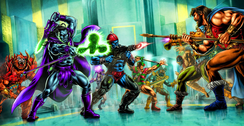 1girl 6+boys alien arm_cannon armor axel-gimenez battle beam_rifle beast_man blue_skin box_art cape colored_skin cyborg energy energy_gun evil-lyn fantasy fighting_stance franciscoetchart glowing havoc_staff helmet highres keldor king_randor lance magic man-at-arms masters_of_the_universe mer-man monster multiple_boys official_art polearm science_fiction skeletor stratos_(motu) sword trap-jaw weapon western_comics_(style)