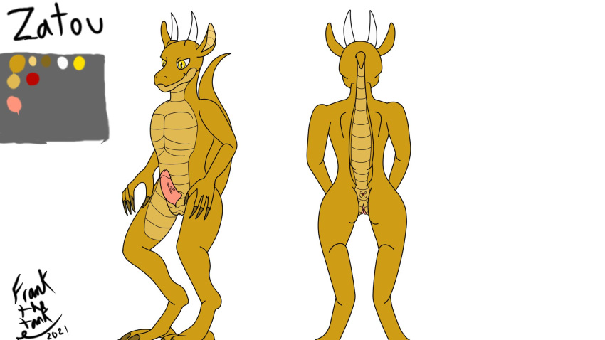 anthro butt claws dragon erection frank_the_tank genitals herm hi_res horn intersex kobold maleherm model_sheet nude penis pussy rear_view scalie smile solo underbelly yellow_eyes zatou_syrene