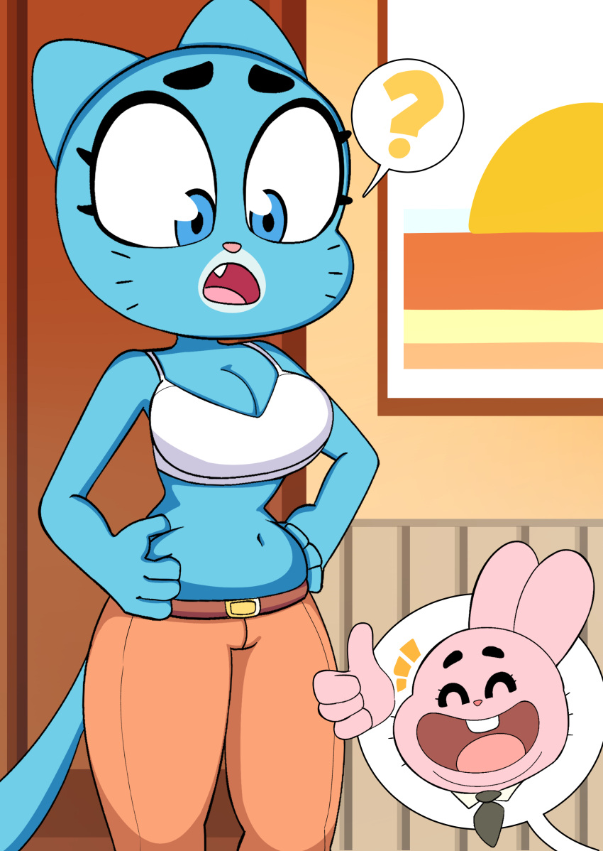 absurd_res anthro belly_pinch bottomwear bra breasts cartoon_network cleavage clothed clothing domestic_cat duo felid feline felis female gesture hi_res lagomorph leporid male mammal nicole_watterson onibi open_mouth open_smile pants question_mark rabbit richard_watterson smile the_amazing_world_of_gumball thumbs_up underwear