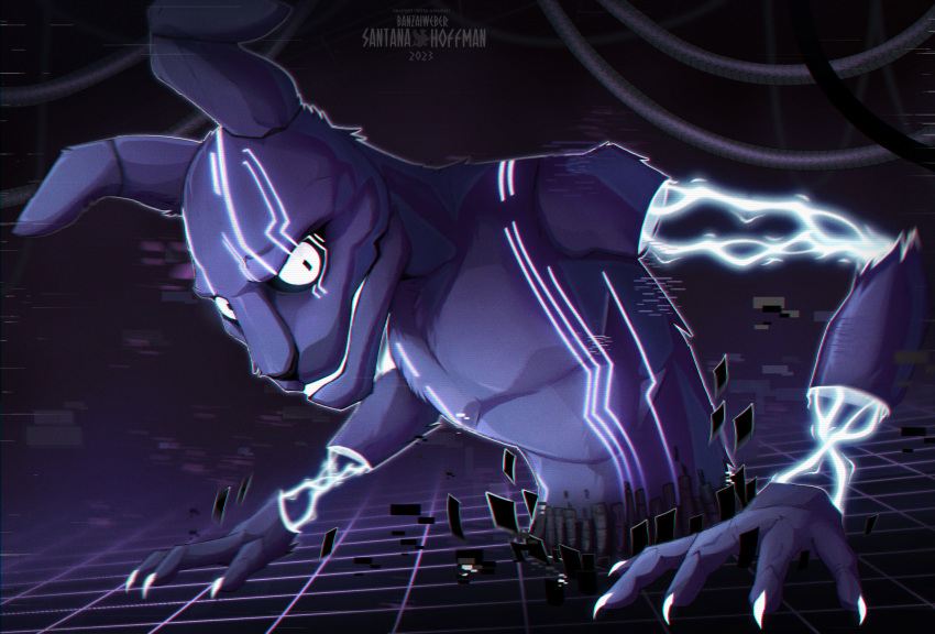 2023 anthro black_eyes black_nose claws detailed electricity five_nights_at_freddy's five_nights_at_freddy's:_security_breach fur glitch glowing glowing_body glowing_claws glowing_eyes glowing_teeth grey_body grid hi_res intense_stare lagomorph leporid long_ears looking_aside looking_at_viewer male mammal multicolored_body mxes_(fnaf) nude pecs portrait pupils purple_body purple_ears purple_fur rabbit santanahoffman scottgames shadow sharp_claws signature small_pupils solo steel_wool_studios teeth virtual_reality white_body wide_eyed wire