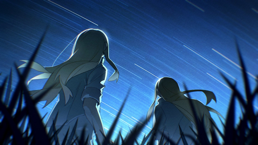 2boys aged_down androgynous blonde_hair blurry brothers depth_of_field facing_away floating_hair from_behind from_below grass highres long_hair male_focus millions_knives multiple_boys night night_sky outdoors pudding49500 siblings sky sleeves_rolled_up star_trail stargazing trigun twins upper_body vash_the_stampede