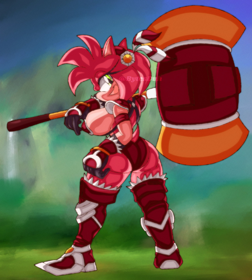 absurd_res amy_rose anthro big_breasts big_butt breasts butt bytesduh eulipotyphlan female green_eyes hammer hedgehog hi_res looking_at_viewer mammal sega solo sonic_the_hedgehog_(series) tools