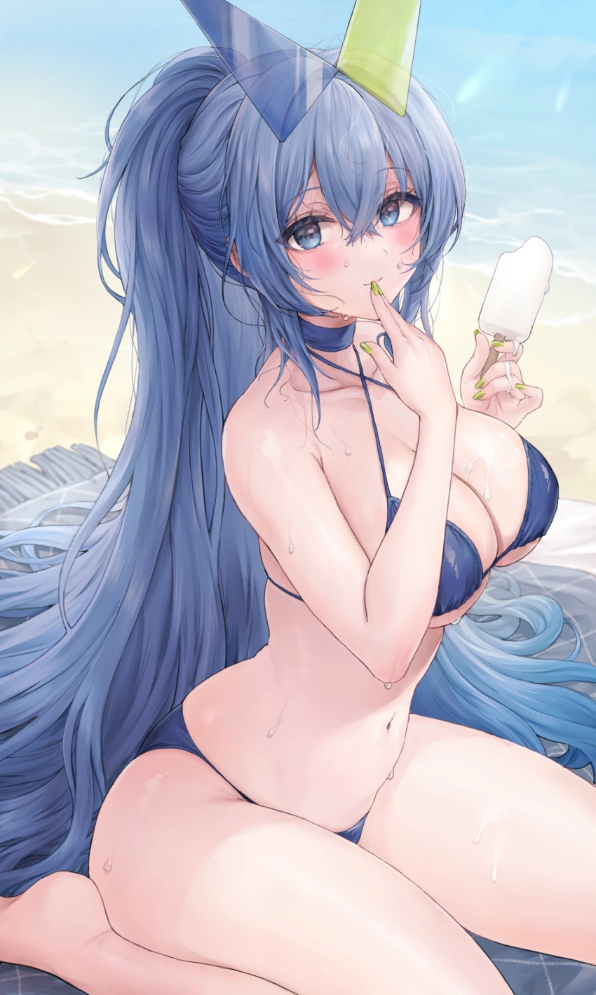 1girl azur_lane bare_arms bare_shoulders barefoot bikini blue_bikini blue_eyes blue_hair blush breasts cleavage collarbone eyewear_on_head finger_to_mouth food green_nails highres holding holding_food ice_cream large_breasts long_hair looking_at_viewer nail_polish navel new_jersey_(azur_lane) new_jersey_(midsummer_leisure)_(azur_lane) official_alternate_costume outdoors ponytail sitting solo summer sunglasses sweat swimsuit very_long_hair water ygcn