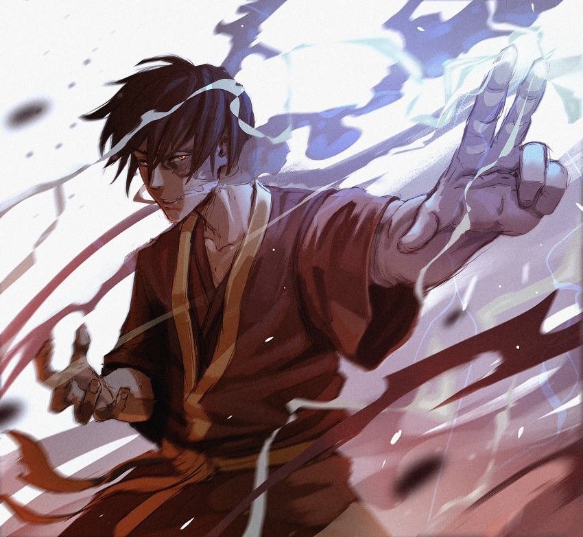 1boy avatar:_the_last_airbender avatar_legends black_hair blue_fire blurry blurry_foreground burn_scar electricity element_bending english_commentary fire highres lightning magic male_focus mousdraws pyrokinesis robe scar simple_background solo yellow_eyes zuko