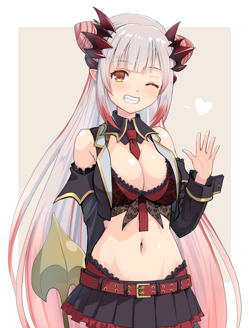 1girl bare_shoulders belt black_skirt blunt_bangs blush border bra breasts cleavage commentary_request crop_top demon_girl demon_horns demon_tail double_bun gradient_hair grin hair_between_eyes hair_bun haniwa_(leaf_garden) heart highres horns indie_virtual_youtuber large_breasts long_hair looking_at_viewer midriff multicolored_hair navel necktie one_eye_closed red_bra red_hair red_necktie skirt smile solo streaked_hair suou_patra tail teeth underwear virtual_youtuber waving white_hair yellow_eyes