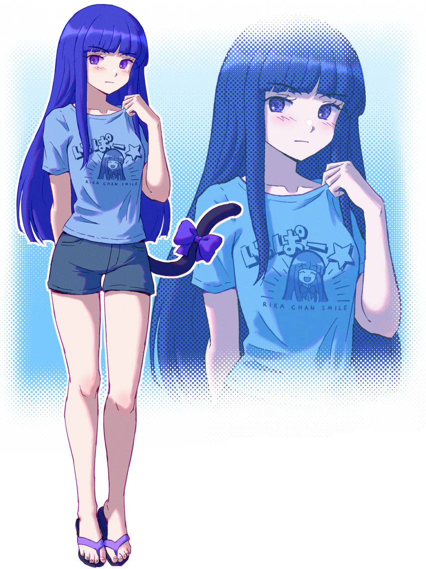 1girl absurdres alternate_costume arm_behind_back blue_hair blue_shirt blunt_bangs bow casual cat_tail character_print clothes_writing collarbone denim denim_shorts english_text eyes_visible_through_hair flip-flops frederica_bernkastel full_body furude_rika halftone halftone_background highres higurashi_no_naku_koro_ni hime_cut legs light_blush long_hair looking_to_the_side outline print_shirt purple_bow purple_eyes revision sandals shirt shorts sidelocks solo t-shirt tail tail_bow tail_ornament toenails toes umineko_no_naku_koro_ni white_background white_outline zawabug zoom_layer