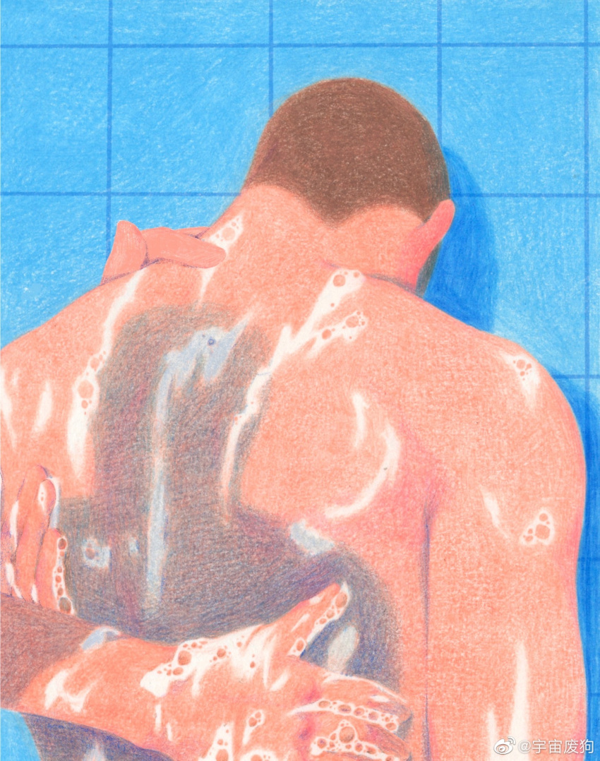 2boys bara buzz_cut dagou_(yuzhou_fei_gou) faceless faceless_male from_behind hand_on_another's_back highres looking_down male_focus multiple_boys nude original painterly short_hair shower_(place) soap_bubbles solo_focus upper_body very_short_hair washing_another yaoi