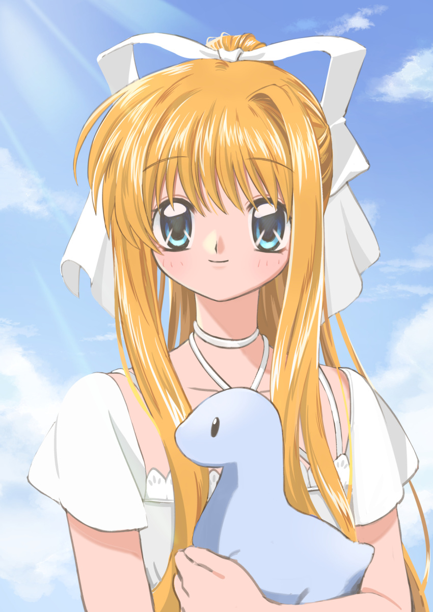 1girl air_(visual_novel) blonde_hair blue_eyes blue_sky bow collarbone dencintown dress hair_bow halter_dress halterneck highres holding holding_stuffed_toy kamio_misuzu light_blush ponytail short_sleeves sidelocks sky smile solo stuffed_dinosaur stuffed_toy summer sunlight upper_body white_bow white_dress