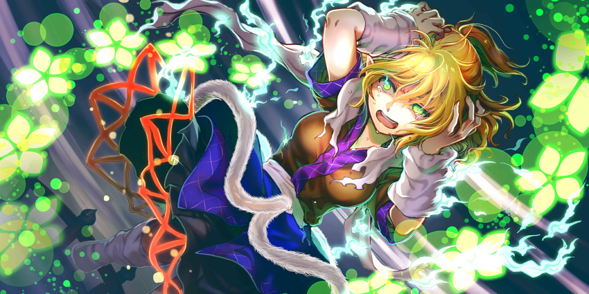 1girl arm_warmers black_skirt blonde_hair blue_skirt brown_shirt crying crying_with_eyes_open danmaku dutch_angle fingernails foot_out_of_frame glowing glowing_eyes green_eyes hair_between_eyes hands_on_own_head hands_up highres looking_at_viewer medium_hair mizuhashi_parsee multicolored_clothes multicolored_skirt non-web_source official_art open_mouth pointy_ears railing second-party_source shirt skirt socha solo tears teeth tongue touhou touhou_lost_word upper_teeth_only