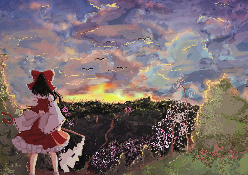 1girl absurdres animal bare_shoulders bird black_hair bow cloud cloudy_sky detached_sleeves frilled_skirt frills from_behind gohei hair_bow hakurei_reimu highres holding japanese_clothes mesuosushi_psd nontraditional_miko red_bow red_skirt ribbon-trimmed_sleeves ribbon_trim scenery short_hair sidelocks skirt sky solo touhou tree white_sleeves wide_sleeves