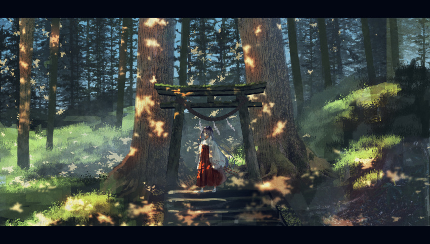 1girl absurdres commentary_request dappled_sunlight day forest grass hakama hakama_skirt highres japanese_clothes letterboxed miko moss nature original outdoors red_skirt rope scenery shide shimekake shimenawa skirt solo stairs standing sunlight torii tree wide_sleeves