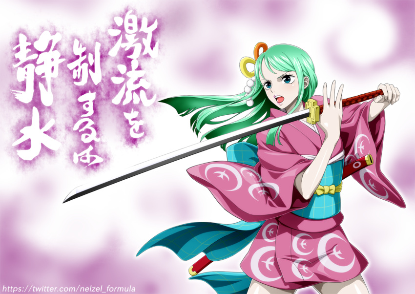 1girl blue_eyes green_hair hair_ornament holding holding_sword holding_weapon japanese_clothes katana kouzuki_toki light_green_hair lipstick long_hair makeup nel-zel_formula one_piece open_mouth pink_lips solo sword teeth traditional_clothes v-shaped_eyebrows weapon web_address