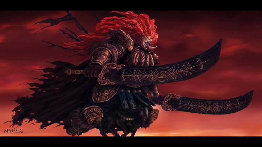1boy absurdres artist_name dual_wielding elden_ring fake_horns giant giant_male gold_armor helmet highres holding horned_helmet horns horse horseback_riding huge_weapon impaled leonard_(elden_ring) long_hair looking_to_the_side menaslg red_background red_hair riding sky solo starscourge_radahn sword twin_blades weapon