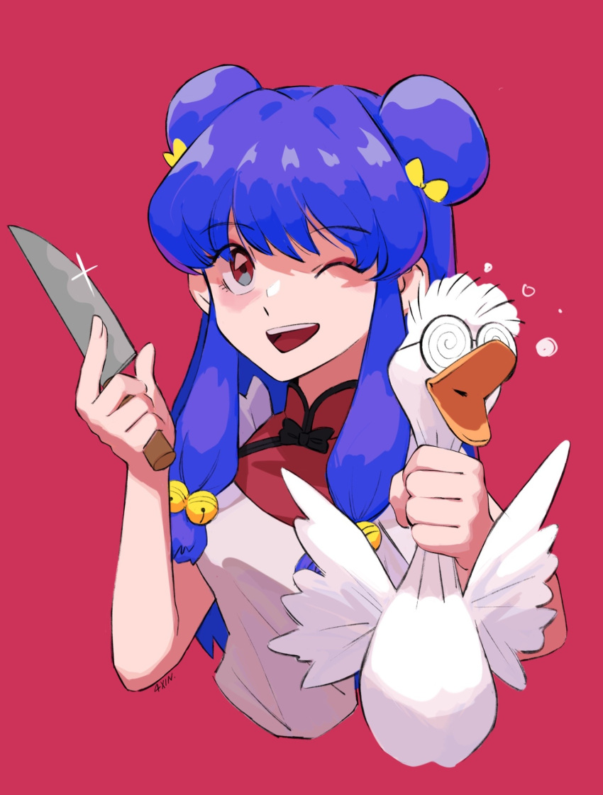 1girl 4xin-z bird bow breasts double_bun duck glasses hair_bun highres holding holding_knife knife mousse_(duck)_(ranma_1/2) one_eye_closed open_mouth purple_hair ranma_1/2 red_background shampoo_(ranma_1/2) simple_background teeth upper_teeth_only yellow_bow