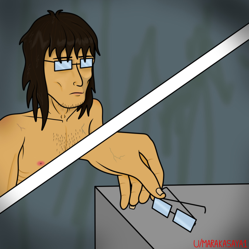 brown_hair eyewear furniture glasses grey_background hair hi_res human male mammal marakasaya1 shirtless simple_background solo table watermark