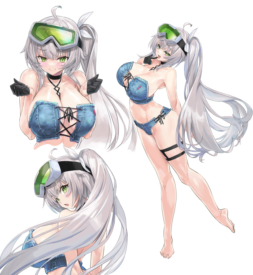 1girl absurdres ahoge bikini blue_bikini breasts cameltoe cleavage commission cross-laced_bikini cross-laced_clothes denim_bikini eyepatch_bikini full_body green_eyes grey_hair hair_ornament highres indie_virtual_youtuber kiyama_satoshi large_breasts long_hair looking_at_viewer lotion multiple_views no_shoes rimuchi_(virtual_youtuber) side_ponytail skeb_commission smile solo standing swimsuit thigh_strap toes tongue tongue_out virtual_youtuber