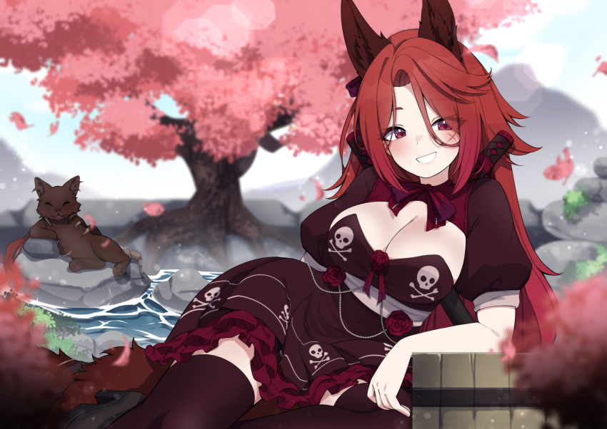 1girl animal_ear_fluff animal_ears black_dress black_thighhighs blurry blurry_background blurry_foreground bow bowtie breasts cat cat_ears cat_girl cherry_blossoms cherry_tree cleavage_cutout clothing_cutout commission dress flower frilled_dress frills hair_between_eyes hair_ribbon highres indie_virtual_youtuber large_breasts leaning_on_object long_hair open_mouth puffy_short_sleeves puffy_sleeves red_bow red_bowtie red_eyes red_flower red_hair red_ribbon red_rose ribbon rock rose scar scar_on_cheek scar_on_face sharax_(vtuber) short_sleeves skull_and_crossbones smile tail thighhighs tree valefal_coneri water