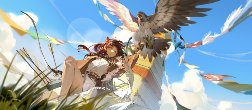 1girl absurdres animal_ears arknights arm_up bandaid bandaid_on_knee bandaid_on_leg bird black_gloves blue_sky bow_(weapon) brown_coat brown_hair chinese_commentary choker closed_mouth cloud coat commentary_request day eagle feet_out_of_frame fingerless_gloves fur-trimmed_jacket fur_trim gloves highres holding holding_bow_(weapon) holding_weapon jacket knee_up long_hair lunacub_(arknights) open_clothes open_jacket outdoors quiver sanbai_jin_ye_da_mao shirt sky weapon white_shirt wolf_ears wolf_girl yellow_eyes