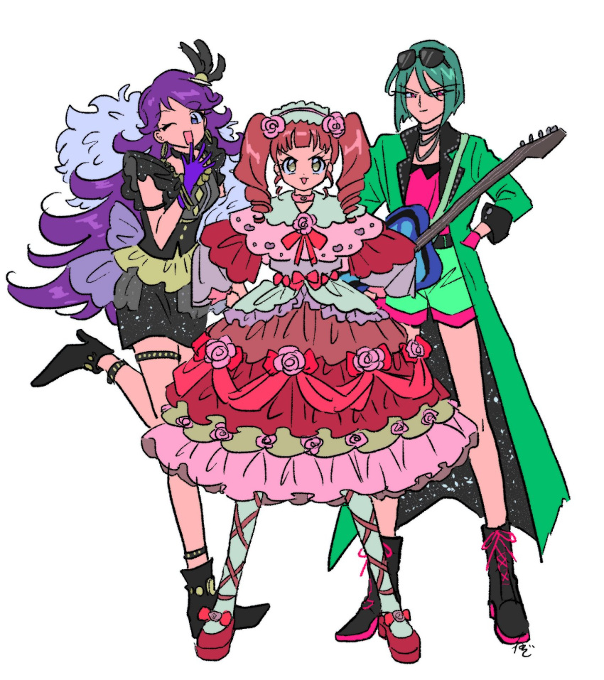 3girls akagi_anna black_dress black_footwear blunt_bangs boots coat dress eyewear_on_head feather_hair_ornament feathers flipped_hair flower frilled_dress frills full_body gloves green_coat green_hair green_shorts guitar hair_flower hair_ornament hairband hand_up hands_on_own_hips high_heels highres instrument jewelry kiratto_pri_chan lolita_fashion lolita_hairband long_hair long_sleeves looking_at_viewer midorikawa_sara multiple_girls necklace open_clothes open_coat open_mouth pink_flower pink_rose pink_shirt pretty_(series) purple_eyes purple_gloves purple_hair red_dress red_footwear red_hair red_ribbon ribbon rituyama1 rose shido_mel shirt shoes short_hair shorts simple_background smile standing standing_on_one_leg sunglasses thigh_strap twintails white_background yellow_eyes