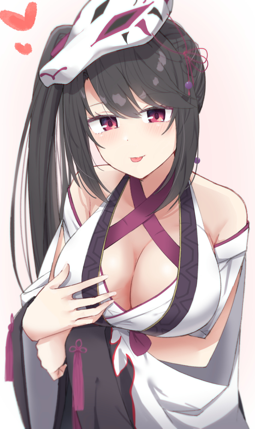 1girl :p arm_under_breasts bare_shoulders black_hair blush breast_hold breasts cleavage closed_mouth commentary_request criss-cross_halter eyelashes fox_mask halterneck heart highres hoshikawa_kaguya japanese_clothes kimono large_breasts long_hair long_sleeves looking_at_viewer mask mask_on_head no_bra pink_background presenting_breasts purple_tassel red_eyes seductive_smile side_ponytail silver116 smile solo straight_hair swept_bangs tassel tenshi_souzou tongue tongue_out upper_body very_long_hair white_background white_kimono wide_sleeves