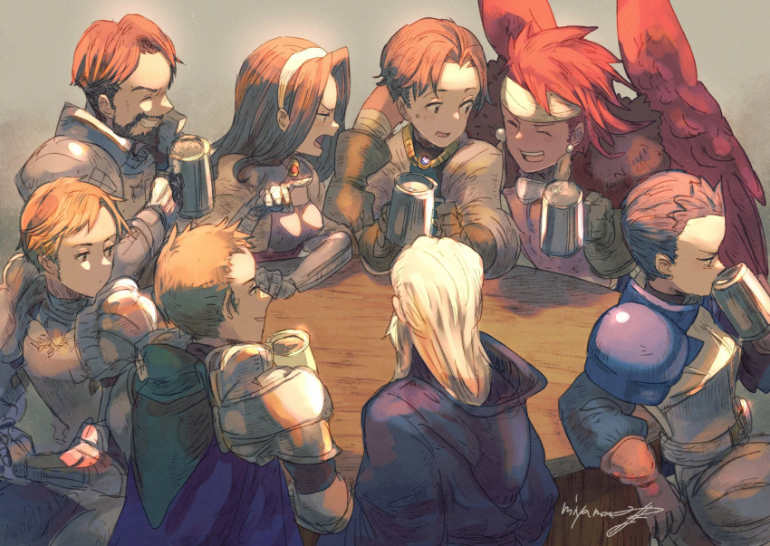 1girl 6+boys armor breastplate breasts brown_eyes brown_gloves brown_hair cape catiua_powell character_request closed_mouth denim_powell gloves highres long_hair miyama_(lacrima01) multiple_boys open_mouth short_hair signature simple_background tactics_ogre vice_bozeg