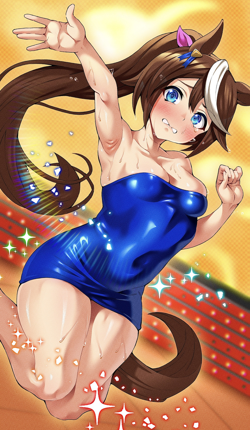 1girl absurdres alternate_costume animal_ears arm_up armpits bare_shoulders blue_dress blue_eyes blush bodycon bow breasts brown_hair clenched_hand clenched_teeth commentary_request dress ear_ornament embarrassed feet_out_of_frame hair_between_eyes highres horse_ears horse_girl horse_tail long_hair looking_at_viewer midair multicolored_hair neokinayo pink_bow ponytail shirt sleeveless sleeveless_shirt small_breasts solo streaked_hair sweat tail teeth thighs tokai_teio_(umamusume) umamusume umayuru white_hair