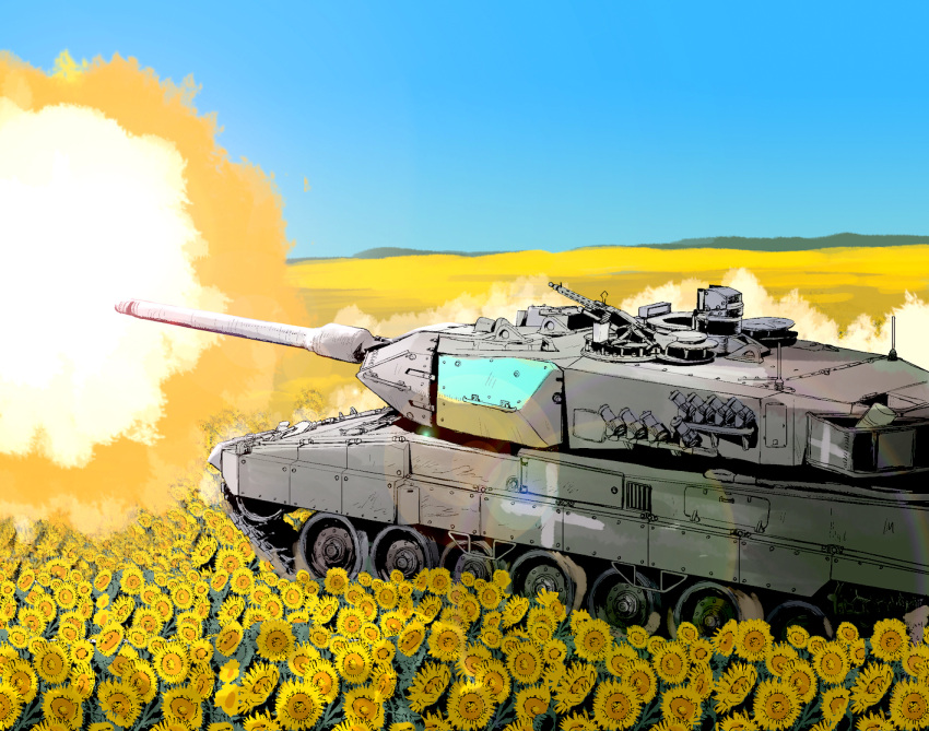 blue_sky day explosion flower leopard_2 matsuda_juukou military military_vehicle motor_vehicle no_humans original outdoors russo-ukrainian_war sky sunflower tank