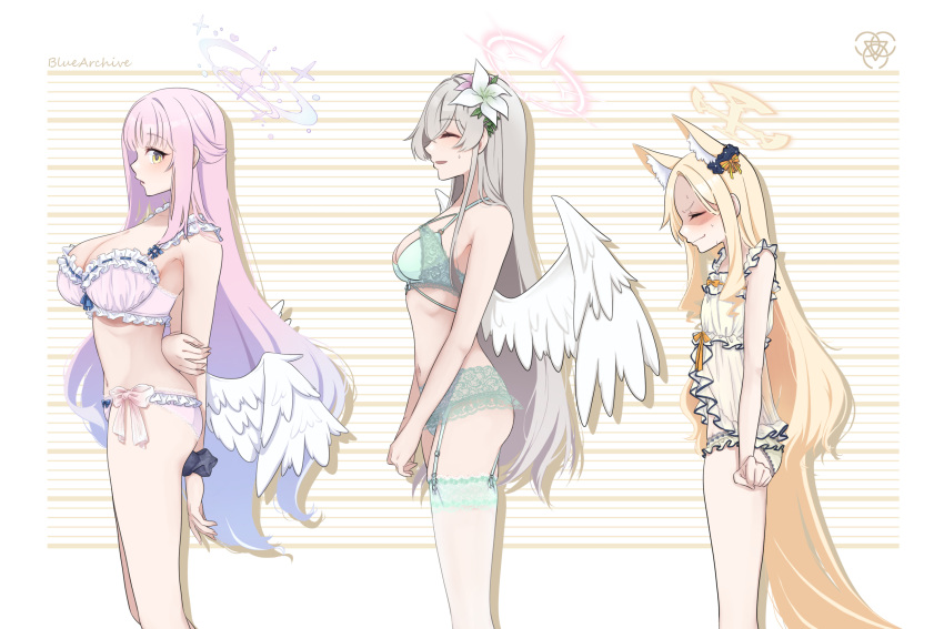 3girls ^_^ animal_ears babydoll blonde_hair blue_archive blush bra breasts closed_eyes extra_ears feathered_wings flat_chest fox_ears from_side green_bra green_panties halo height_chart highres large_breasts light_brown_hair long_hair mika_(blue_archive) multiple_girls nagisa_(blue_archive) panties pink_bra pink_hair pink_panties profile scrunchie seia_(blue_archive) straight_hair sweatdrop tea_party_(blue_archive) underwear underwear_only very_long_hair white_wings wings wrist_scrunchie yellow_babydoll yoru0409