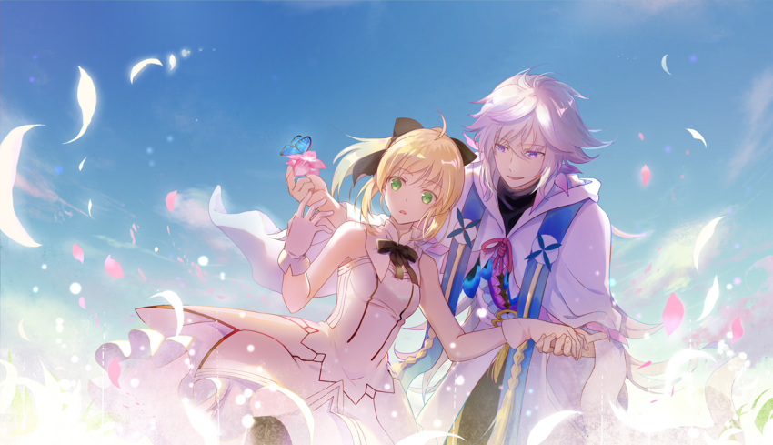 1boy 1girl ahoge artoria_pendragon_(fate) black_pantyhose black_ribbon black_shirt blonde_hair blue_butterfly breasts bug butterfly butterfly_on_hand day dress falling_petals fate/grand_order fate_(series) feet_out_of_frame flower gloves green_eyes hair_between_eyes hair_ribbon holding holding_flower holding_hands hood hood_down hooded_robe long_hair long_sleeves looking_at_another looking_to_the_side medium_hair merlin_(fate) neck_ribbon open_mouth outdoors pantyhose parted_lips petals pink_flower purple_eyes ribbon robe saber_lily shirt sidelocks sleeveless sleeveless_dress small_breasts smile very_long_hair white_dress white_gloves white_hair white_robe wide_sleeves xuehua