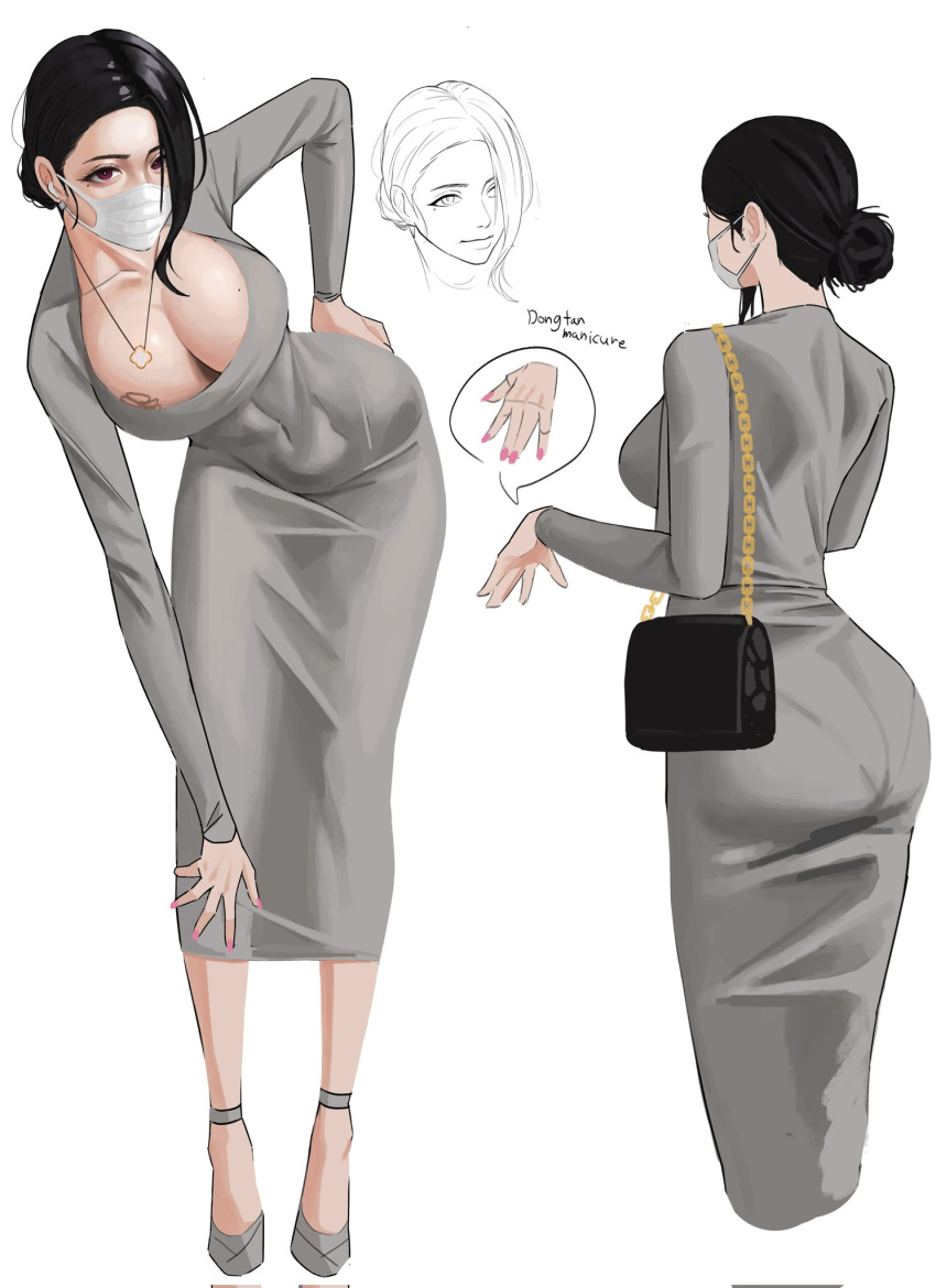 1girl airpods ankle_strap ass asymmetrical_bangs bag black_hair borrowed_character breast_tattoo breasts cleavage collarbone covered_navel cropped_legs dongtan_lady_(k_pring) dress fingernails forehead grey_dress grey_footwear hair_bun handbag highres large_breasts leejun_(asa_lsh04) looking_at_viewer mask mole mole_on_breast mole_under_eye mouth_mask multiple_views nail_polish original pantylines red_eyes single_hair_bun sketch tattoo taut_clothes taut_dress white_mask wireless_earphones