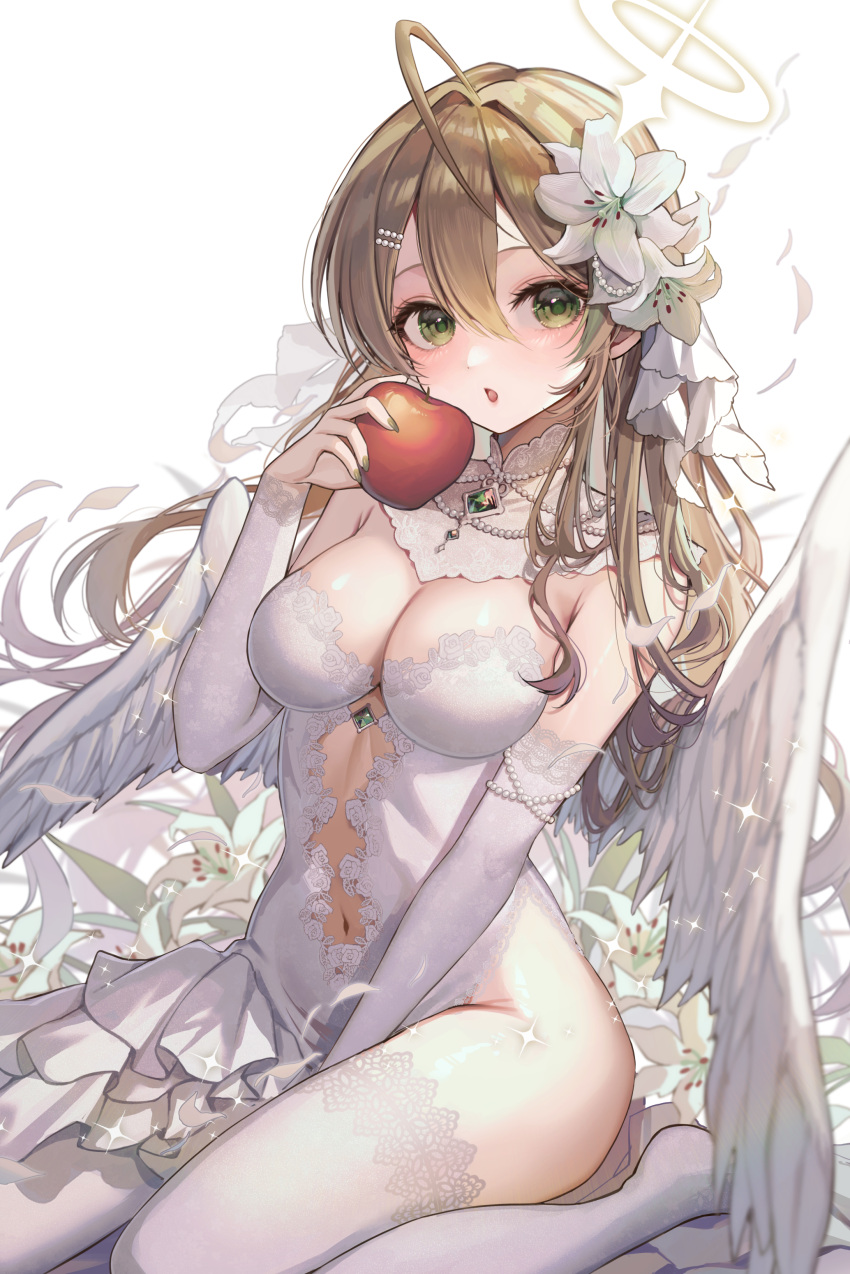 1girl absurdres ahoge angel angel_wings apple blonde_hair brooch center_opening collar commentary_request detached_collar detached_sleeves dress flower food fruit gem green_eyes hair_between_eyes hair_flower hair_ornament halo highres holding holding_food holding_fruit jewelry kudou_(sikisiki0000) lace-trimmed_dress lace-trimmed_sleeves lace-trimmed_thighhighs lace_trim long_hair looking_at_viewer navel necklace open_mouth original pale_skin seiza simple_background sitting solo thighhighs white_background white_collar white_dress white_flower white_sleeves white_thighhighs white_wings wings