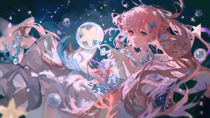 1girl air_bubble blush bubble constellation coral detached_collar dress eyelashes gloves hair_ornament indie_virtual_youtuber long_hair looking_at_viewer mistedsky nini_yuuna petals pink_eyes pink_hair pointing ribbon smile solo star_(sky) starfish underwater white_dress white_gloves x_hair_ornament