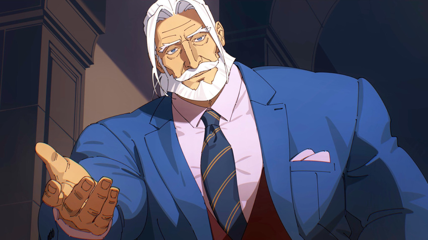 1boy bara beard beckoning blue_eyes business_suit facial_hair handkerchief highres jp_(street_fighter) light_smile long_hair looking_at_viewer male_focus mature_male muscular muscular_male mustache necktie pectorals ponytail red_vest sa1k0p shirt solo street_fighter street_fighter_6 suit thick_eyebrows thick_mustache vest white_hair white_shirt