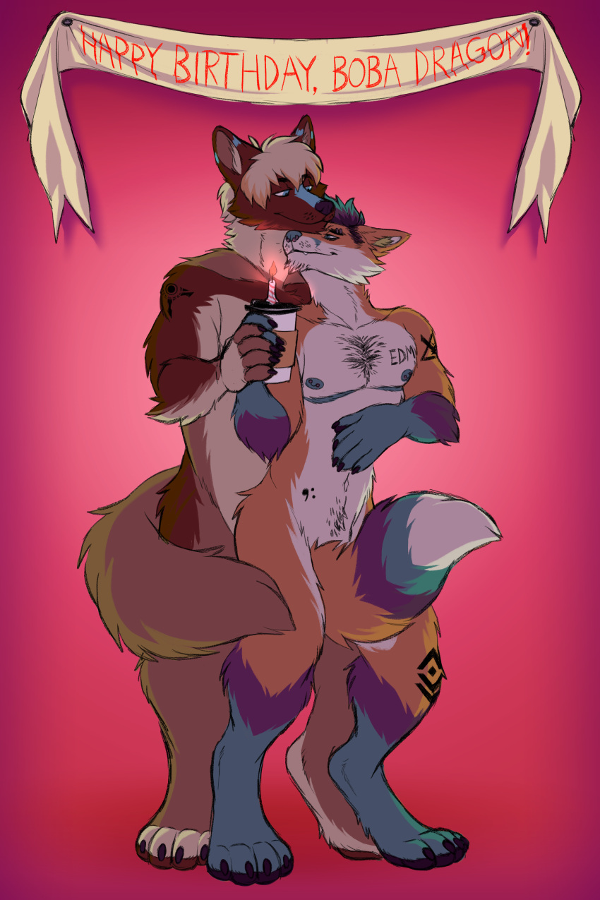 absurd_res anthro birthday birthday_banner candle canid canine canis coffee_cup container cup domestic_dog duo embrace fetishame fox frisky hi_res male male/male mammal nude nuzzling tail tail_between_legs