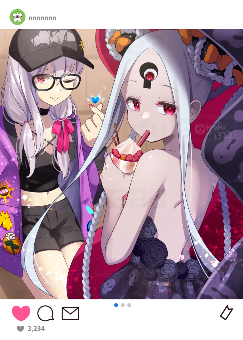 2girls abigail_williams_(fate) abigail_williams_(tour_outfit)_(fate) back bare_shoulders baseball_cap black_bow black_camisole black_dress black_headwear black_shorts blush bow breasts camisole choker cleavage collarbone colored_skin double_bun dress fate/grand_order fate_(series) forehead glasses hair_bow hair_bun hair_ribbon hat highres hood hooded_jacket jacket kama_(fate) kama_(tour_outfit)_(fate) keyhole large_breasts long_hair long_sleeves looking_at_viewer looking_back low_twintails midriff multiple_girls multiple_hair_bows nail_polish navel off_shoulder one_eye_closed orange_bow parted_bangs pink_nails purple_jacket red_eyes ribbon ryofuhiko short_shorts shorts sidelocks small_breasts smile third_eye twintails very_long_hair white_hair white_skin