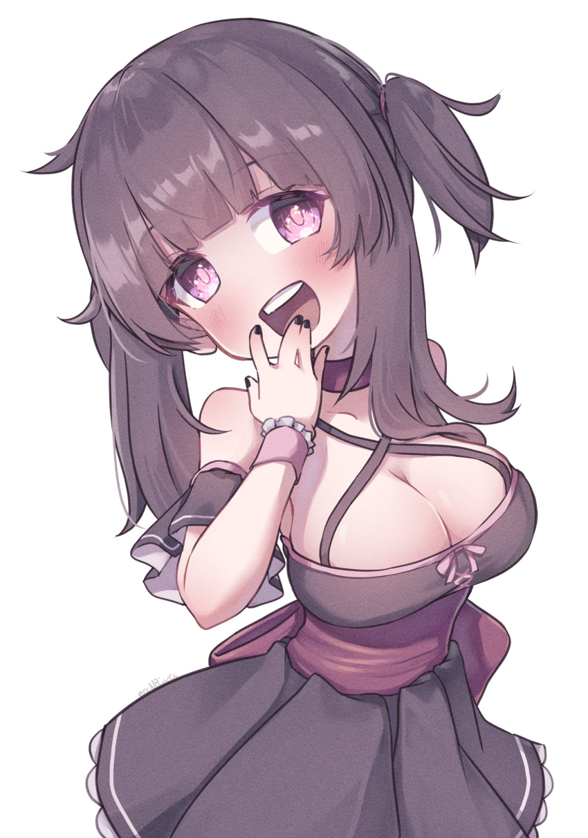 1girl absurdres alternate_breast_size black_dress black_nails blush bow breasts choker collared_shirt detached_sleeves dress fallenshadow head_tilt highres indie_virtual_youtuber large_breasts nail_polish open_mouth purple_bow purple_choker purple_eyes renpc shirt short_sleeves smile solo two_side_up virtual_youtuber white_background wrist_cuffs