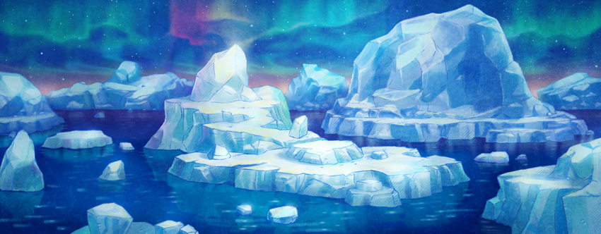 artist_request aurora blue_sky blue_theme commentary english_commentary fushigi_no_dungeon game_cg gradient_sky ice iceberg night no_humans ocean official_art outdoors pokemon pokemon_(game) pokemon_mystery_dungeon reflection reflective_water scenery sky star_(sky) third-party_source water wide_shot