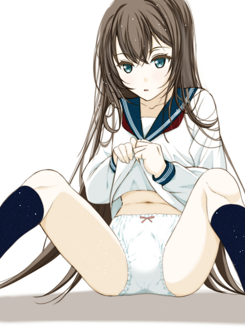 1girl black_hair black_socks blue_eyes blue_sailor_collar bow bow_panties clothes_lift commentary_request highres lifted_by_self long_hair long_sleeves looking_at_viewer m_legs moonsorrow navel neckerchief original panties parted_lips red_neckerchief sailor_collar school_uniform serafuku shirt shirt_lift simple_background sitting socks solo underwear very_long_hair white_background white_panties white_shirt