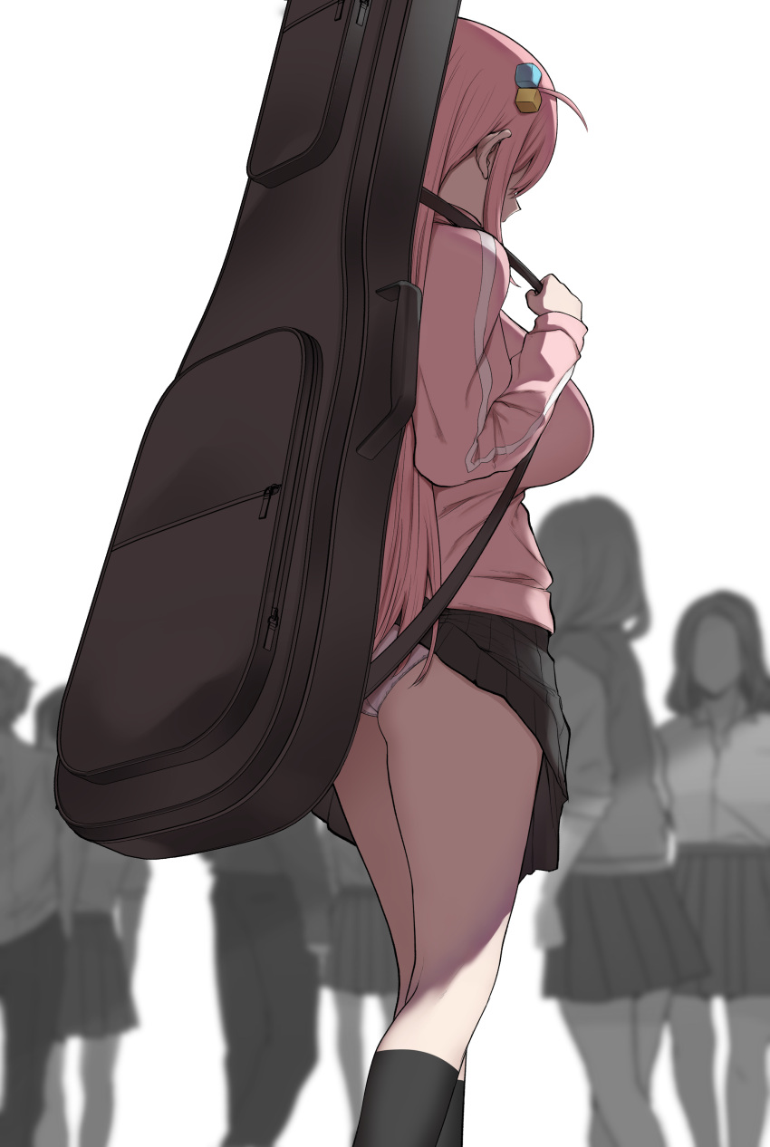1girl absurdres accidental_exposure ass bag black_skirt black_socks bocchi_the_rock! breasts clothes_lift cube_hair_ornament faceless faceless_female gigbag gotoh_hitori guitar_case hair_ornament highres holding holding_bag instrument_case jacket kneehighs kneepits large_breasts one_side_up panties pantyshot people pink_hair pink_jacket pleated_skirt ricochet-gou school_uniform simple_background skirt skirt_caught_on_object skirt_lift socks solo_focus underwear white_background white_panties