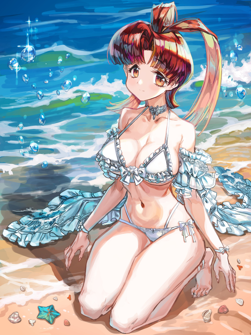 1girl absurdres antenna_hair beach bikini bow bracelet breasts brown_eyes choker cleavage collarbone detached_sleeves frilled_bikini frills greatwhite1122 highres jewelry long_hair looking_at_viewer navel ocean parted_bangs red_hair seashell shell short_sleeves sitting smile solo sparkle starfish swimsuit utsugi_mikoto water white_bikini white_bow white_choker yuusha_ou_gaogaigar yuusha_series