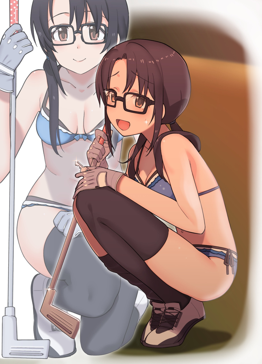 bikini black-framed_eyewear black_hair black_thighhighs blue_bikini breasts brown_eyes collarbone commentary_request embarrassed glasses gloves golf_club grass grey_gloves haruichi_(komikal) highres holding holding_golf_club holding_key idolmaster idolmaster_million_live! key legs light_blush long_hair looking_at_viewer low_twintails medium_breasts multiple_views navel open_mouth outdoors sidelocks smile sparkle squatting stomach sunset sweat swimsuit takayama_sayoko thighhighs thighs twintails white_footwear