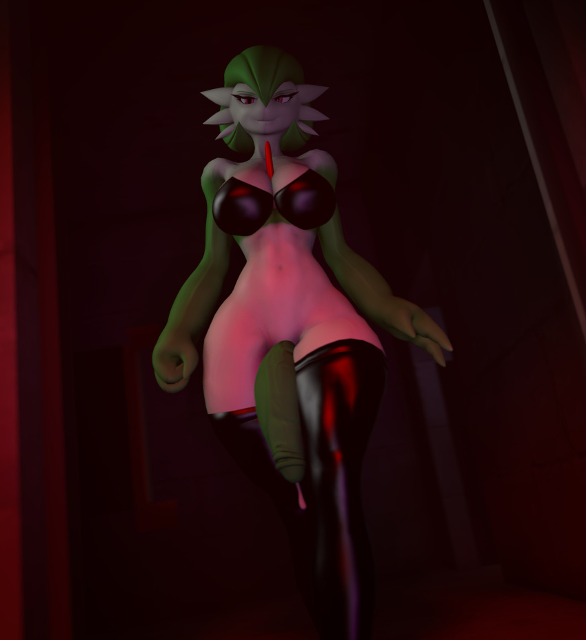 anthro bedroom_eyes big_breasts big_penis bodily_fluids bra breasts clothing cum cum_drip dripping female gardevoir generation_3_pokemon genital_fluids genitals green_body green_hair green_penis green_skin hair hallway hi_res humanoid imminent_sex intersex latex latex_bra latex_legwear leaking leaking_cum legwear looking_at_another looking_at_viewer looking_down mostly_nude narrowed_eyes nintendo penis pink_eyes pokemon pokemon_(species) rednewth seductive smile solo thick_thighs thigh_highs underwear white_body white_hair wide_hips
