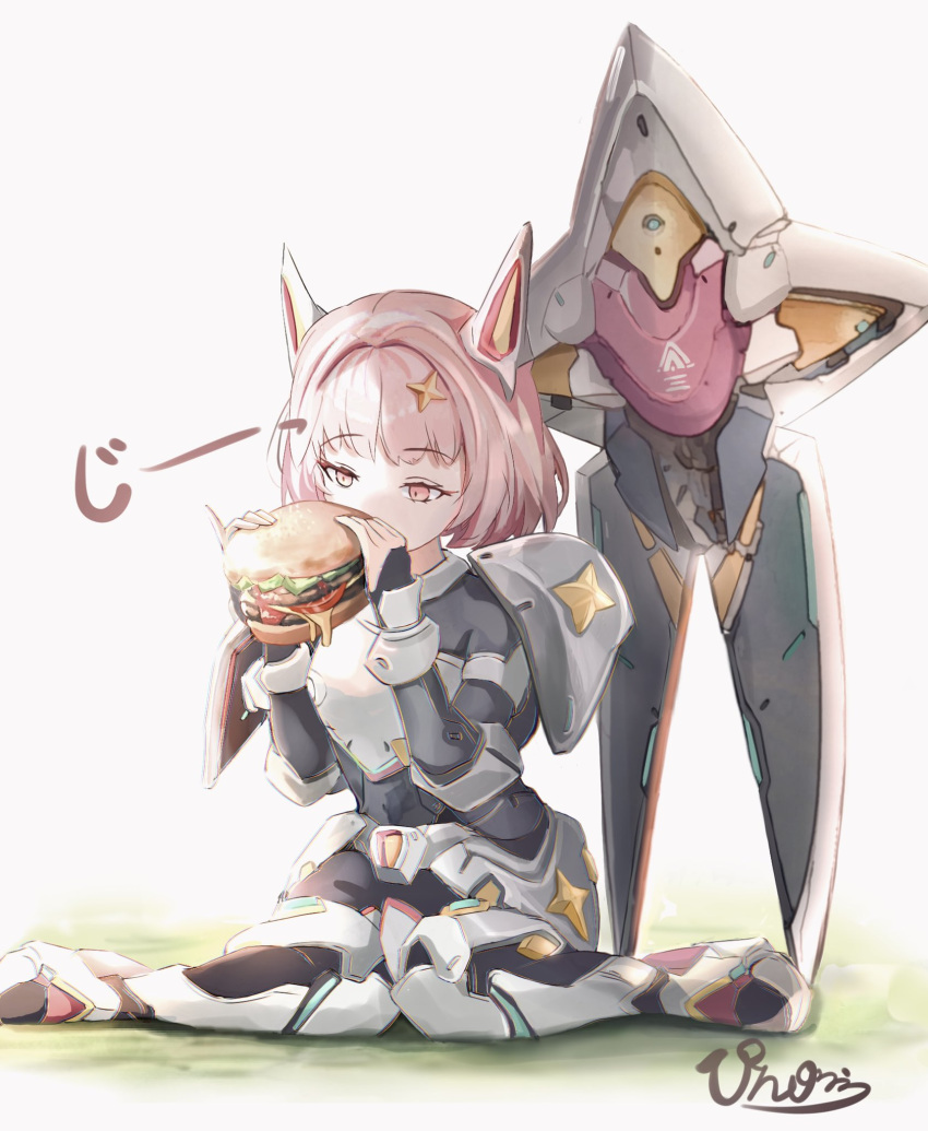 1girl armor armored_bodysuit armored_boots armored_gloves artist_name black_bodysuit bodysuit boots breastplate burger eating food goddess_of_victory:_nikke hair_intakes headgear highres hip_armor knees_together_feet_apart leg_armor noah_(nikke) pinjirooo pink_eyes pink_hair shield short_hair shoulder_armor simple_background sitting solo sparkle_hair_ornament