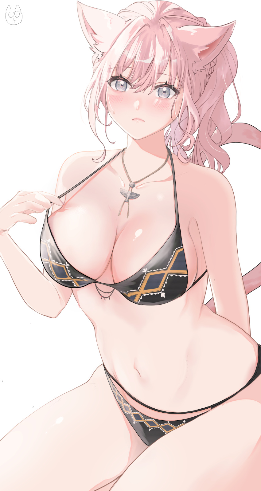1girl :c absurdres animal_ears artist_logo bare_arms bare_shoulders bikini black_bikini blush breasts cat_ears cat_tail cleavage closed_mouth collarbone commentary_request final_fantasy final_fantasy_xiv fingernails frown grey_eyes hair_between_eyes hair_intakes highres jewelry large_breasts looking_at_viewer miqo'te nail_polish navel necklace pink_hair pink_nails pink_tail ponytail print_bikini pulled_by_self simple_background sitting solo stomach strap_pull sweatdrop swimsuit tail thighs tounooji_(akiomeromisa) warrior_of_light_(ff14) white_background