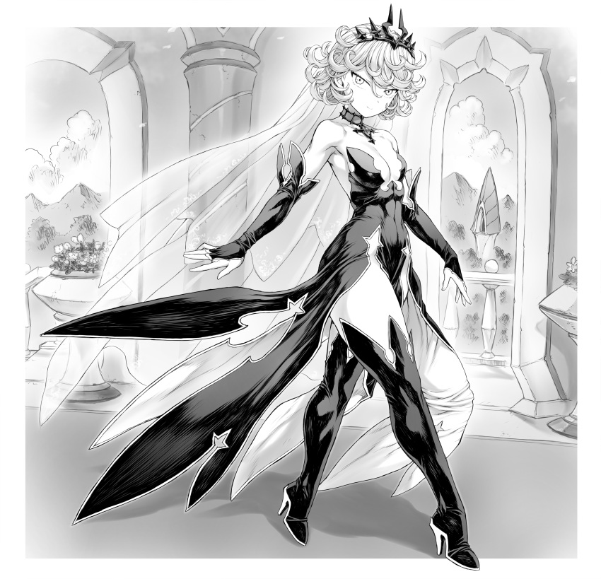 1girl absurdres bare_shoulders boots breasts closed_mouth collarbone curly_hair detached_sleeves dress from_side full_body greyscale hair_between_eyes high_heel_boots high_heels highres indoors light_smile looking_at_viewer mogudan monochrome one-punch_man pelvic_curtain small_breasts solo standing tatsumaki thigh_boots thighs tiara